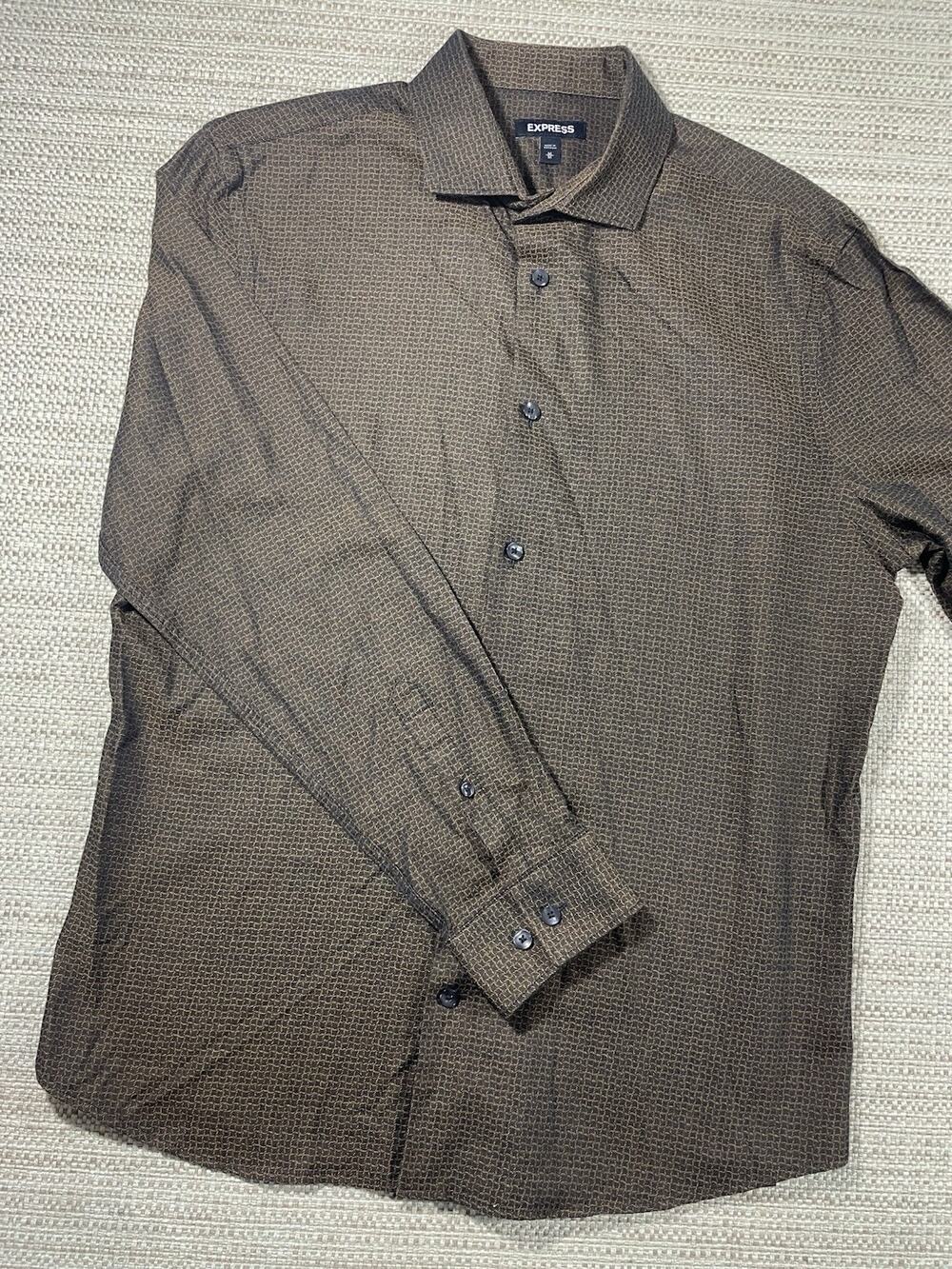 Express M Men's Brown Stretch Long Sleeve Button Up Dress Geometric Shirt